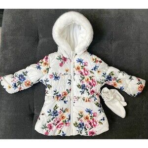 Rothschild 18M Floral Hooded Puffer Coat Warm Fleece Lined, Mittens Attatched